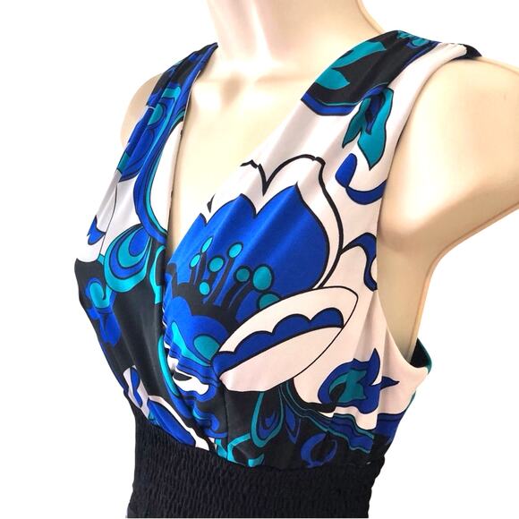Rabbit Rabbit Rabbit Blue Floral Fit & Flare Dress Sleeveless Black Trim V Neck - Picture 3 of 16